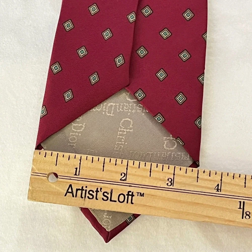 VTG Christian‎ Dior Silk Tie Burgundy Geometric Made in USA Fabric Woven Italy